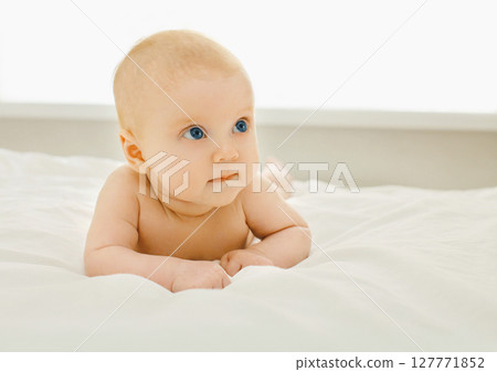 Portrait of cute little baby, curious infant crawling on bed in white room at home 127771852