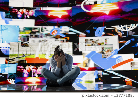 Young man stares at smartphone in distress symbolizing toxic impact of social media on mental health. Likes, posts and endless scrolling lead to stress, anxiety and depression. Overwhelmed user. Young man stares at smartphone in distress symbolizing toxic impact of social media on mental health. Likes, posts and endless scrolling lead to stress, anxiety and depression. Overwhelmed user. 127771883