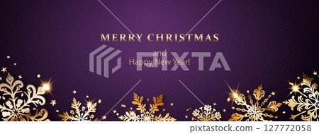 Christmas illustration with golden snowflakes on purple. 127772058