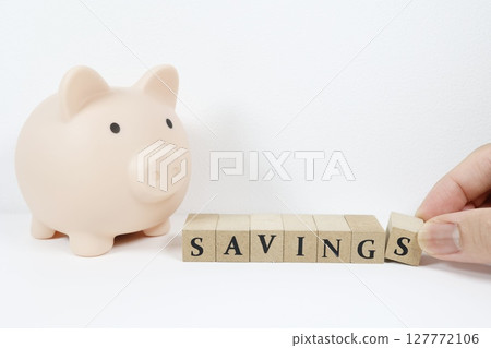 A piggy bank and SAVINGS symbolizing savings and thrift A piggy bank and SAVINGS symbolizing savings and thrift 127772106