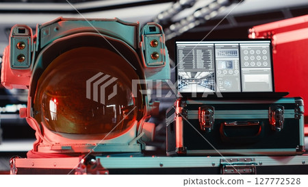 Failed mission alert blinking over space helmet next to laptop in spacecraft displaying cosmic journey analytics. Critical error warning in starship with notebook doing readouts for planet voyage 127772528