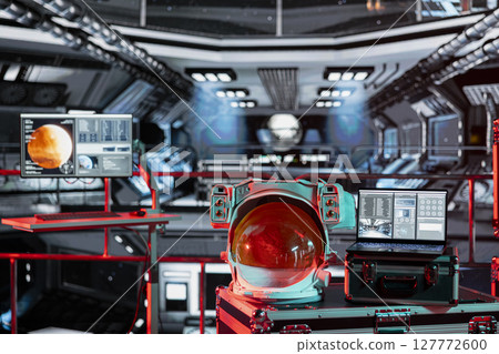 Danger warning lights indicating accident during Mars planetary scan mission in space. Error red light in spaceship shuttle over notebook showing planet surface analytics data Danger warning lights indicating accident during Mars planetary scan mission in space. Error red light in spaceship shuttle over notebook showing planet surface analytics data 127772600