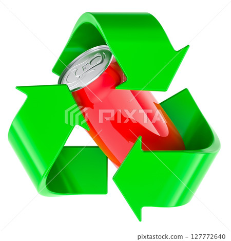 Metal recycling, concept. Metallic beverage can inside green recycling arrows symbol. 3D rendering Metal recycling, concept. Metallic beverage can inside green recycling arrows symbol. 3D rendering 127772640