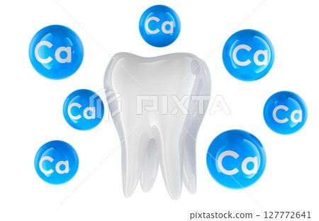 Molar tooth with calcium spheres. Calcium protection for teeth. Tooth strength concept. 3D rendering 127772641