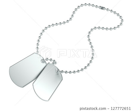 Blank military dog tags on metal ball chain. 3D rendering 127772651