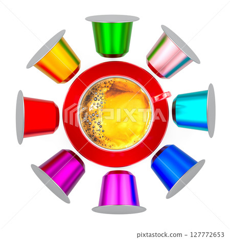 Coffee cup surrounded by colorful coffee machine capsules, top view. 3D rendering 127772653
