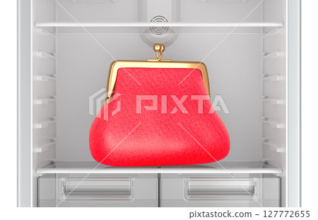 Empty fridge with coin purse inside. Food budget saving concept. 3D rendering 127772655