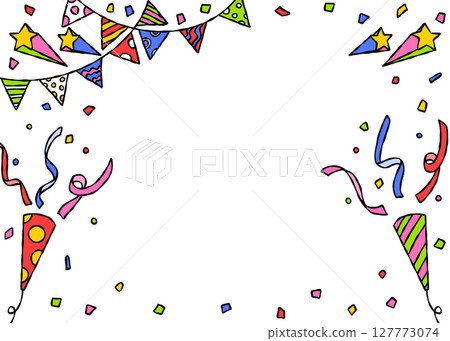 Hand drawn decoration frames, backgrounds, confetti, crackers, garlands 127773074