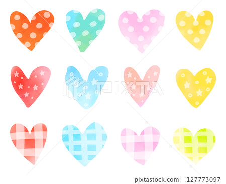 Hand drawn hearts. Watercolor vector illustration. Polka dot and checkered patterns. Hand drawn hearts. Watercolor vector illustration. Polka dot and checkered patterns. 127773097