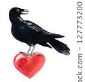 Crow on a heart. Ink and watercolor illustration 127773200
