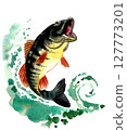 Leaping fish. Watercolor drawing 127773201