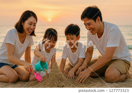 海灘樂趣，一家人在日落時分在沙灘上玩耍的時光 127773323
