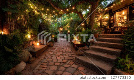 Illuminated Garden Path at Night 127773350