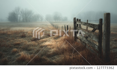 Misty Field with Old Wooden Fence 127773362