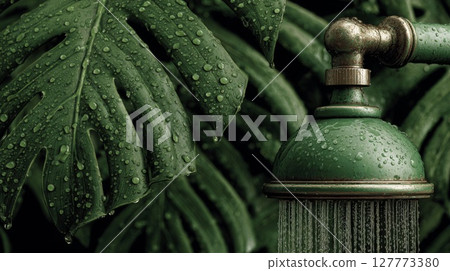 Green Shower Head Among Lush Tropical Leaves 127773380