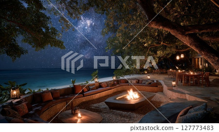 Tropical Beach Bonfire Under Starry Night Sky 127773483