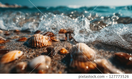 Seashells on Sandy Beach with Ocean Waves 127773526