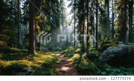 Sunlit Forest Path: A Tranquil Woodland Scene Sunlit Forest Path: A Tranquil Woodland Scene 127773574