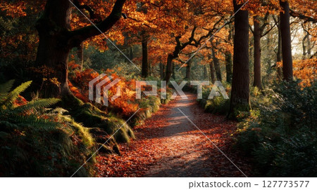 Autumn Forest Path with Red and Orange Leaves 127773577