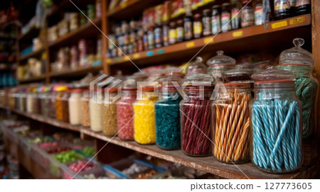 Colorful Candies in Glass Jars on Wooden Shelves Colorful Candies in Glass Jars on Wooden Shelves 127773605