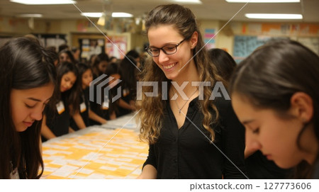 Smiling Teacher Assisting Students with Registration Smiling Teacher Assisting Students with Registration 127773606