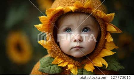 Portrait of a Toddler in a Sunflower Costume 127773615