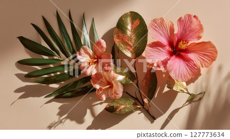 Pink Hibiscus and Palm Leaves Floral Arrangement Pink Hibiscus and Palm Leaves Floral Arrangement 127773634