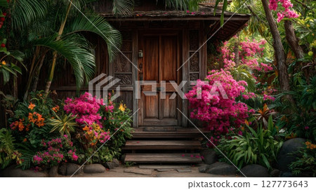Wooden Door Entrance to Tropical House with Pink Flowers 127773643