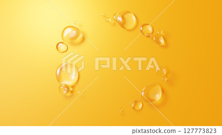 Background material of multiple water droplets on a yellow background. 3D (horizontal) Background material of multiple water droplets on a yellow background. 3D (horizontal) 127773823