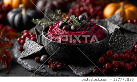 Dark Beetroot Dip with Black Chips and Red Currants 127773856