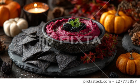 Dark Beetroot Hummus with Blackberries and Chips 127773857