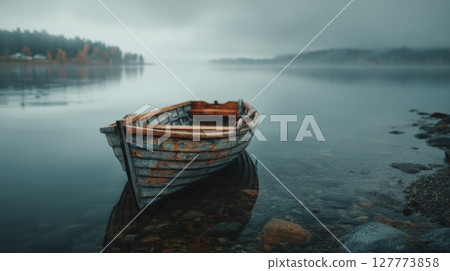 Weathered Wooden Boat on a Misty Lake 127773858