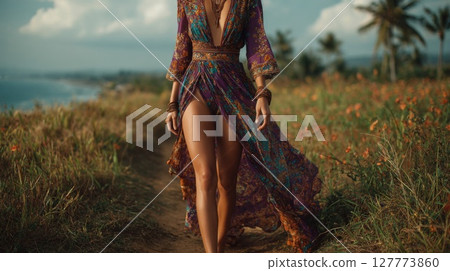 Woman in Flowy Floral Maxi Dress Walking on a Path near Ocean at Sunset 127773860