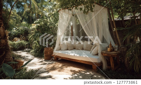 White Canopy Daybed in Lush Tropical Garden 127773861