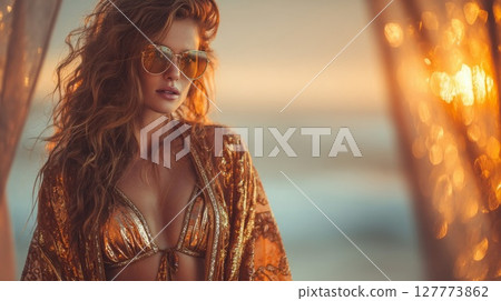 Glamorous Woman in Gold Sequin Outfit at Sunset Beach 127773862
