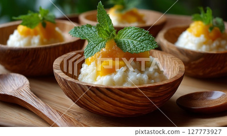 Mango Rice Pudding in Wooden Bowls Mango Rice Pudding in Wooden Bowls 127773927