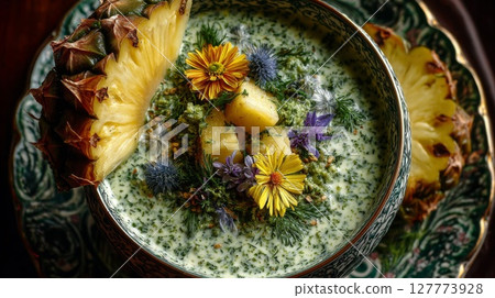 Creamy Green Soup with Pineapple and Edible Flowers 127773928