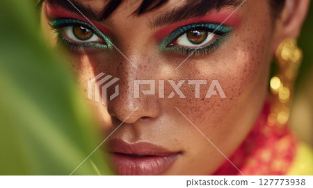 Closeup Portrait of a Woman with Colorful Makeup and Freckles 127773938