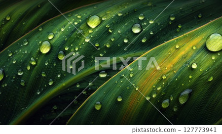 Closeup of Dark Green Leaves with Water Droplets 127773941