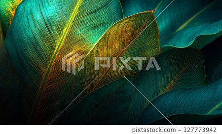 Closeup of Vivid Green Gold Tropical Leaves 127773942