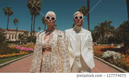 Stylish Couple Walking in Sunny Garden 127774073