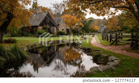 Stone Cottage Reflected in Autumn Pond Stone Cottage Reflected in Autumn Pond 127774117