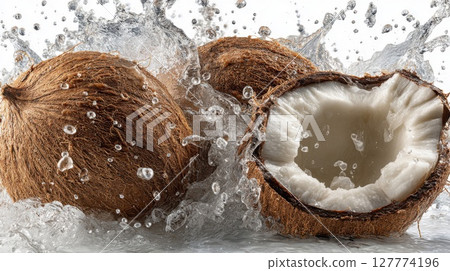 Brown Coconut Halves Splashing in Water Brown Coconut Halves Splashing in Water 127774196