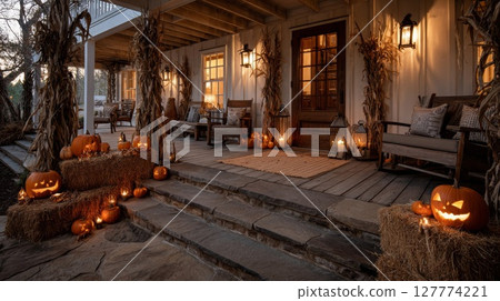Rustic Halloween Porch Decor with Pumpkins and Lanterns 127774221