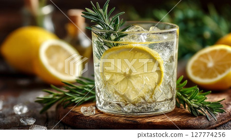 Refreshing Lemon Rosemary Cocktail with Ice 127774256