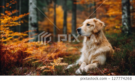 Golden Retriever in Autumn Forest 127774268