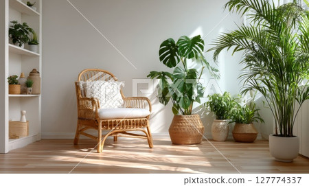 Bright Living Room with Rattan Chair and Lush Potted Plants 127774337
