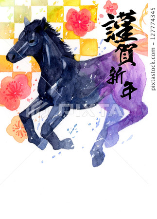 2026/令和8：涼爽的日式馬年新年賀卡材料（手繪水彩插圖） 127774345