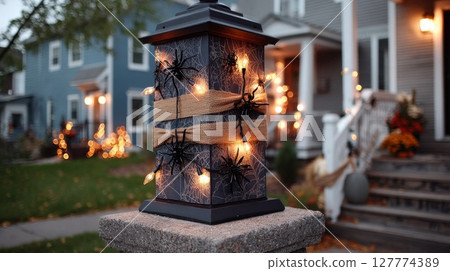 Halloween Lantern with Spiders and Lights on Porch 127774389