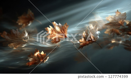 Golden Leaves Floating on Dark Water 127774399